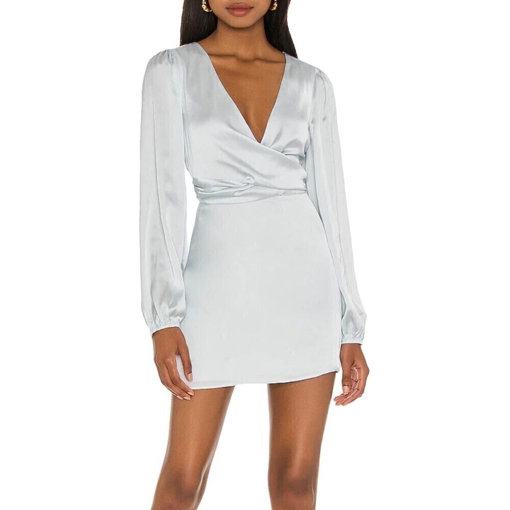 NWT Lovers + Friends Desi Long Sleeve Wrap Mini Dress Cocktail Blue Satin Small